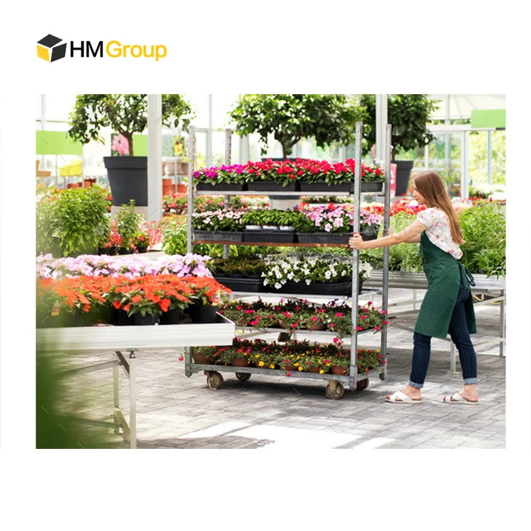 HM Customized Wheeled Garden Plant Pot Display Nursery Multi-Shelf Metal  Plant Trolleys for Moving Heavy Large Plant Pots