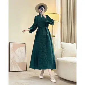 Miyake Women's 2025 Autumn Pleated Dress New V-Neck Lace-up Fashion Casual Dress