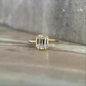 Bangin Bezel 3 Carat Emerald Cut Moissanite Diamond Ring 14K Yellow Gold Engagement Wedding with Claw Setting for Parties