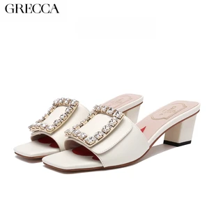 GRECCA White Leather Sandals Square Rhinestone Buckle Open Toe Peep Toe Chunky Heel Slip-On-Stylish Outdoor Party & Daily Shoes