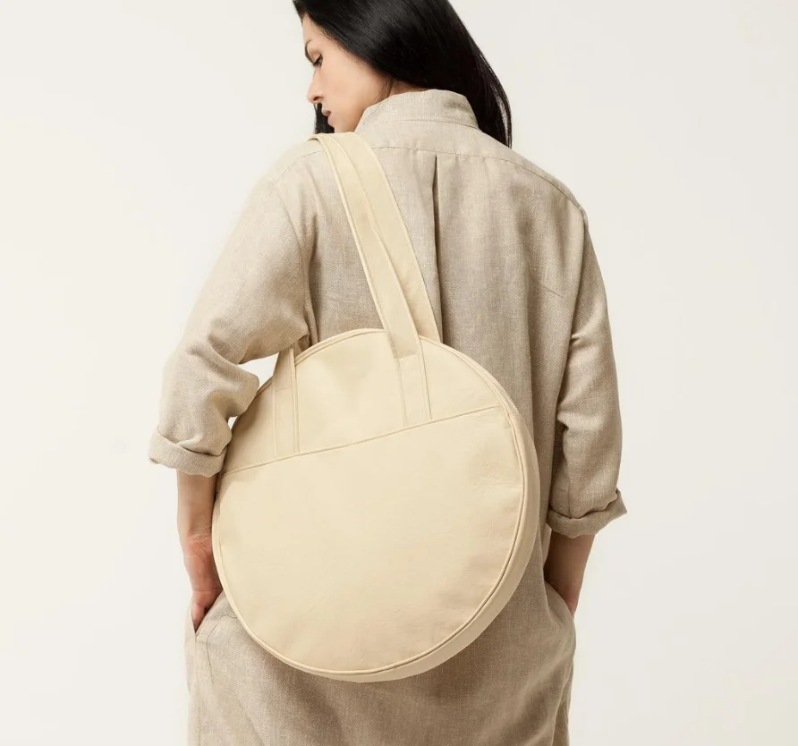 Fashion Cotton Circle Shape Round Tote Bag Beige Vegan Leather Large Circle  Bag Faux Leather Shopper Bag