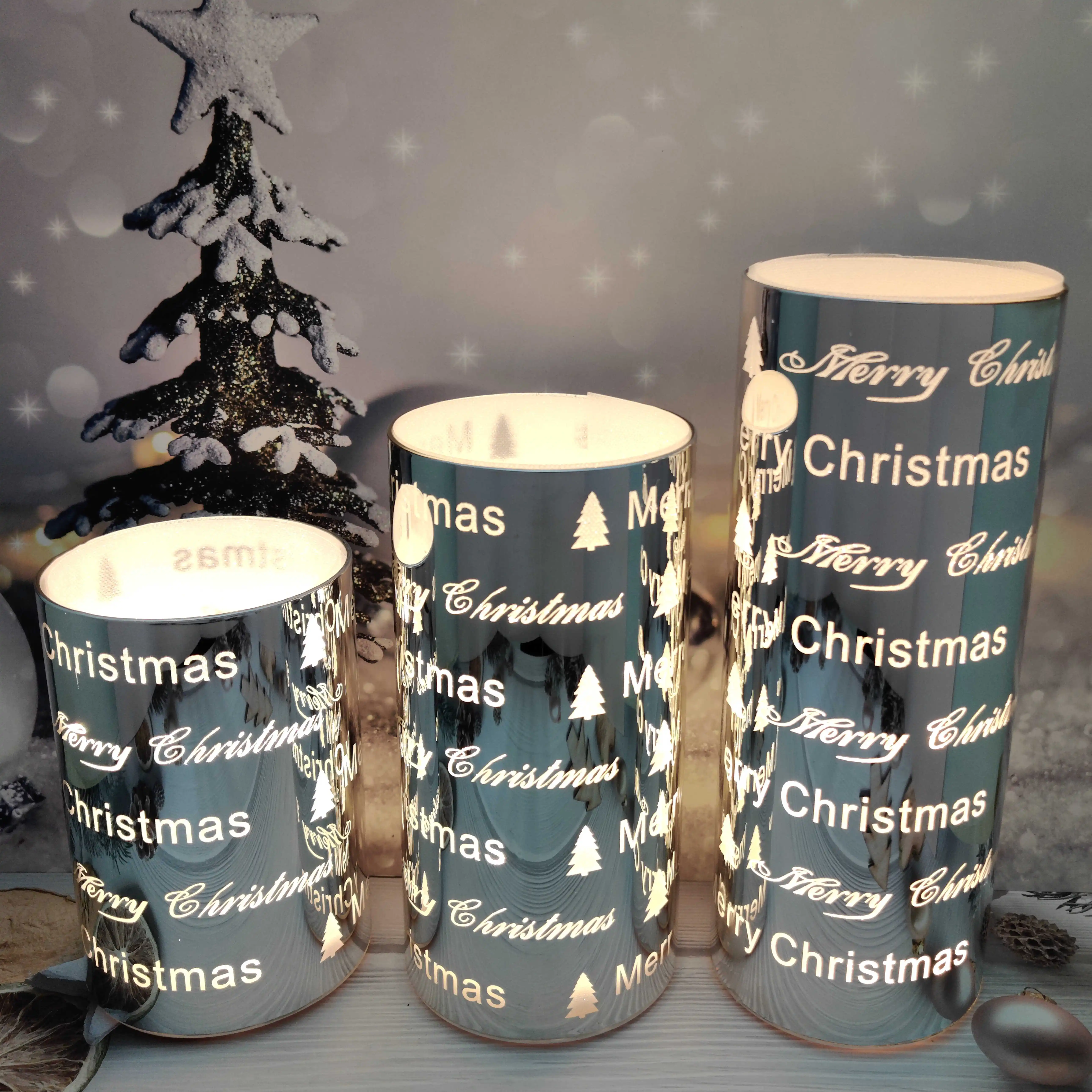 Battery operated led light up glass Christmas cylinder hurricane table decoration setting ideas details