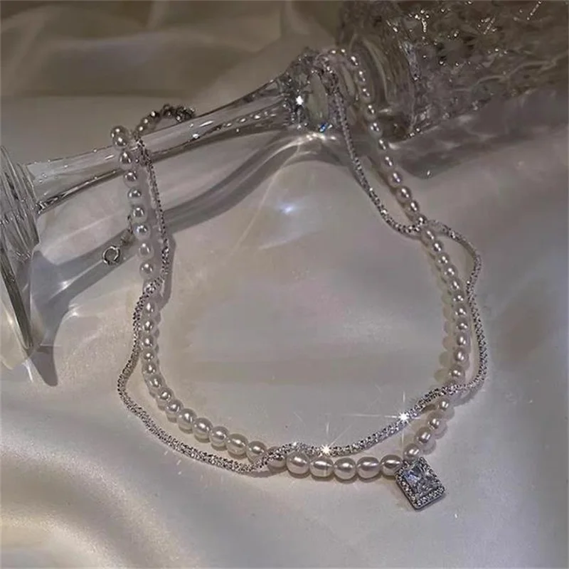 HMOIS double layers fashion natural freshwater white pearl choker