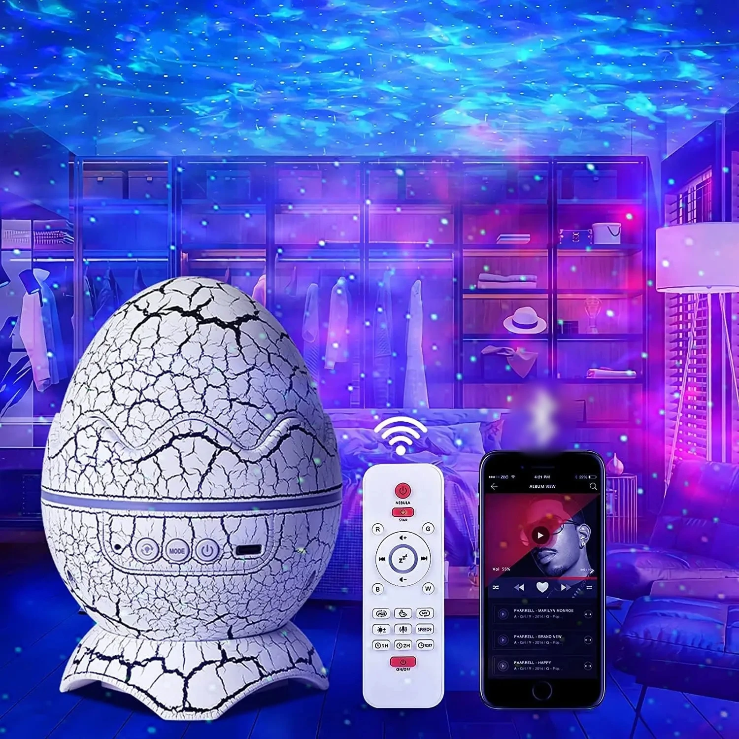 LED Dragon Egg Lamp with Remote Control Nebula Night Light Projector Modern Style Dinosaur Egg Shell Room Decor for Bedroom