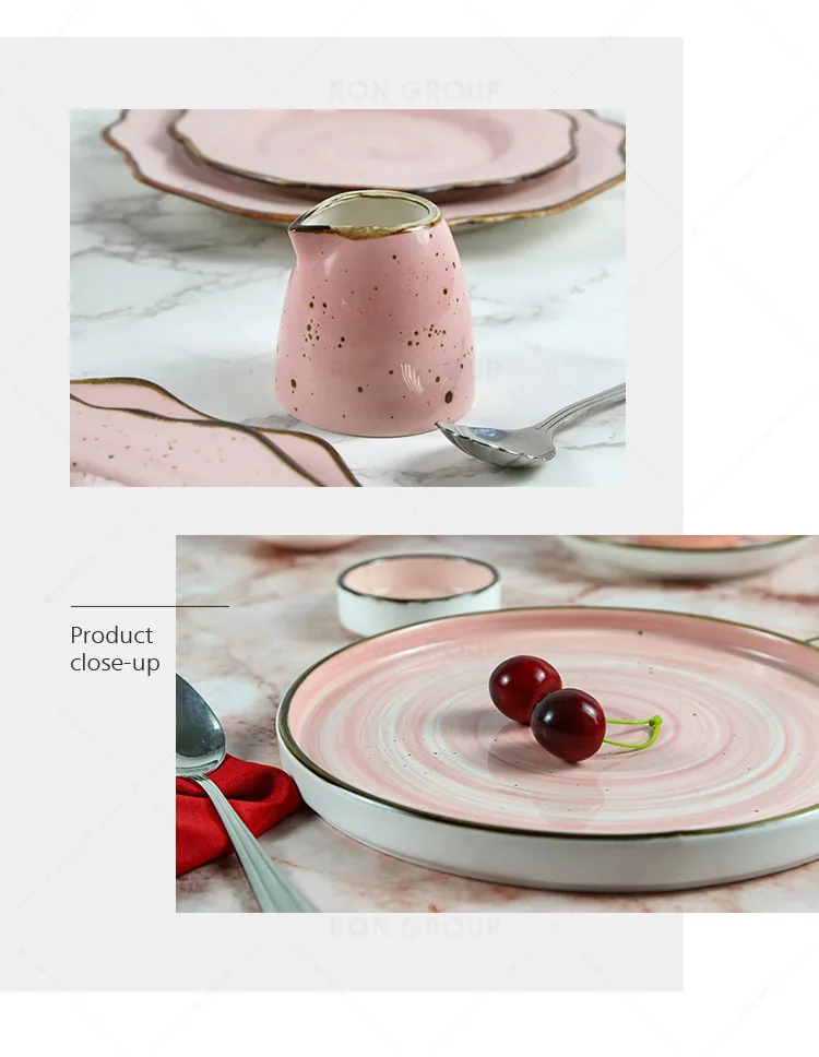 New design flower Irregularly shaped pink gold edge porcelain dinnerware set ceramic dinner plate set for wedding