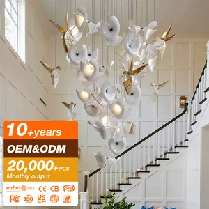 Contemporary Custom Large White Flower and Gold Birds Decorative Pendant Lights Chandelier for Hotel Banquet Hall Living Room