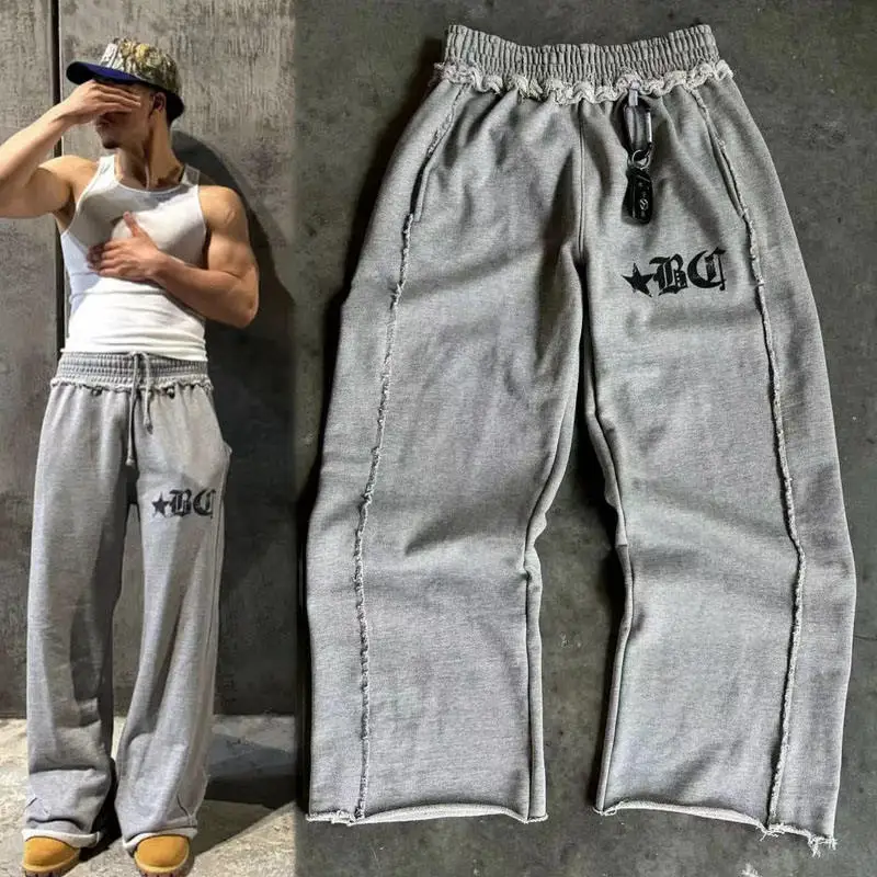 Custom Trackpants Vintage Heavyweight Cotton French Terry Oversized Raw Hem Flare Distressed Trousers Baggy Track Sweatpants Men gallery 4