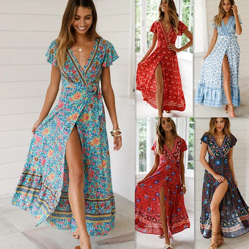 Vestido Largo Femenino De Verano Con Estampado Floral,Traje Bohemio Con  Estampado Floral Para Mujer,Mangas Cortas,Escote En V Profundo,Talla Grande  - Buy Floral Maxi Vestidos,Vestidos De Playa Verano,Mujeres Sexy Vestido  Product on Alibaba.com