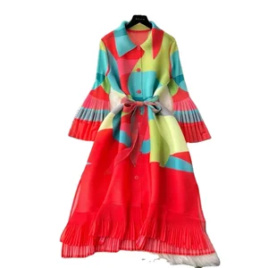 Women's Casual Dress Printed Design Vintage Single Breasted Long Sleeves Wear Split Midi Dresses Spring Autumn