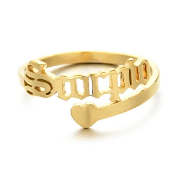 Wholesale Custom Jewelry Adjustable Old English Name 18k Gold Plated Stainless Steel Zodiac Sign Open Ring