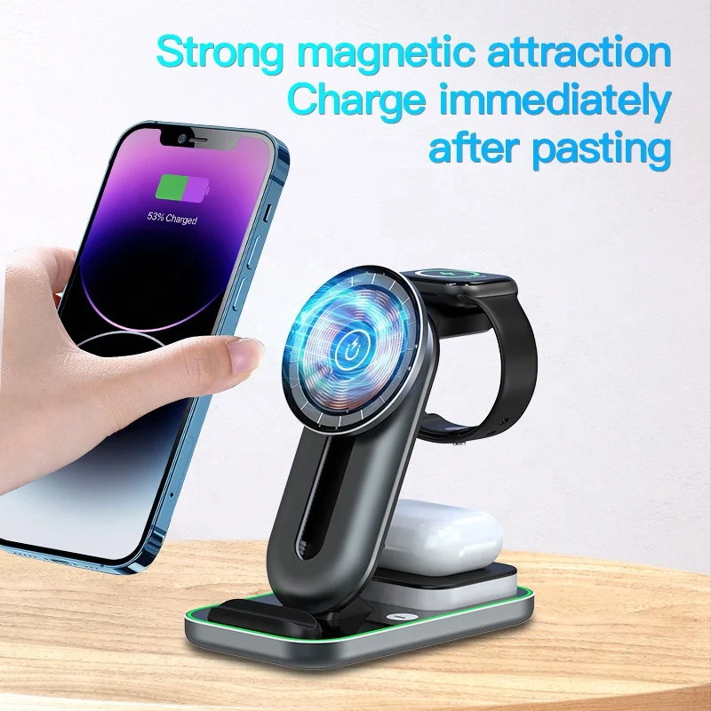 3-in-1 Wireless Charger Dock Multiple Device Fast Charging Station With Lamp Magnetic Wireless Charger Stand