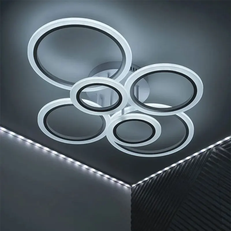 Modern LED Acrylic Ceiling Light Chandelier Dimming Ring Pendant Lamp Remote Control Wood Indoor Lighting Fixture for Bedroom