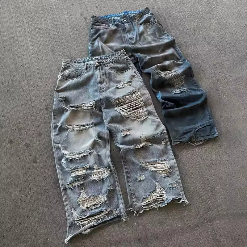 SALATI Street Wear Custom Vintage Wash Hole Baggy Ripped Distressed Jeans Denim Pants for Men Trousers