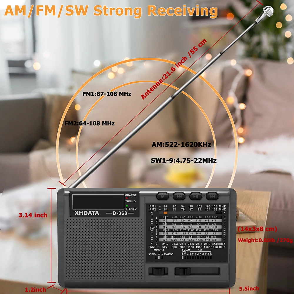 XHDATA D-901 Portable AM FM SW Analog Radio Transistor with Good Reception Battery Operated Or AC Power USB/TF MP3 Player and Wireless BT Play with Large Knob Good Gift for Elder with 16G SD Card 