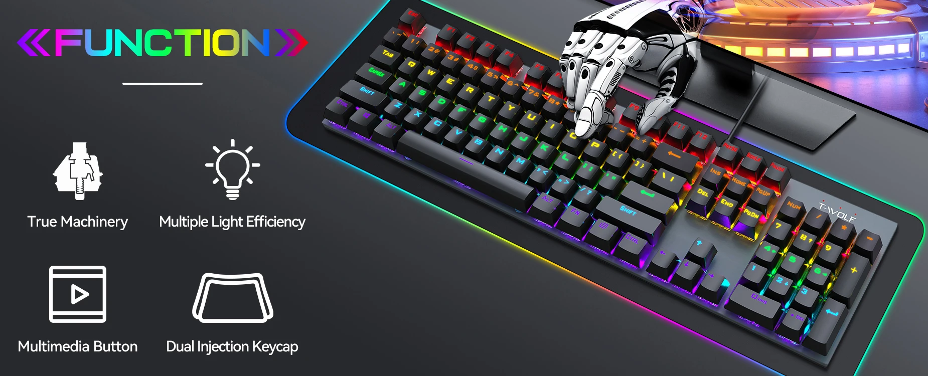 有線ゲーミングキーボード RGBライティング T17カラフルなバックライト付きゲーミングキーボード104キー
