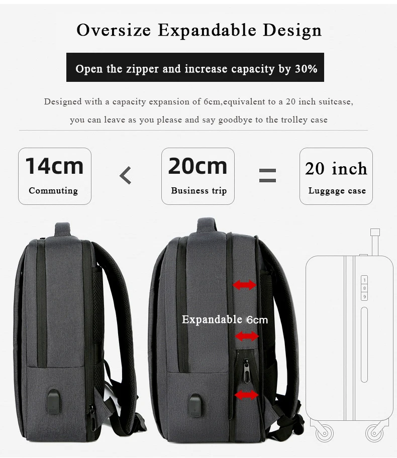 15 17 Inch Expandable Backpack With Usb Charging Port Waterproof Luggage Laptop Rucksack Travel Business Backpack for Men Women