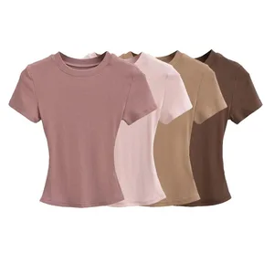 Solid Y2K Tee Tops Round Neck Rib Baby Tee Elastic Shoulder Short Sleeved T-shirt 2026 Summer New Collection Waist Cinching