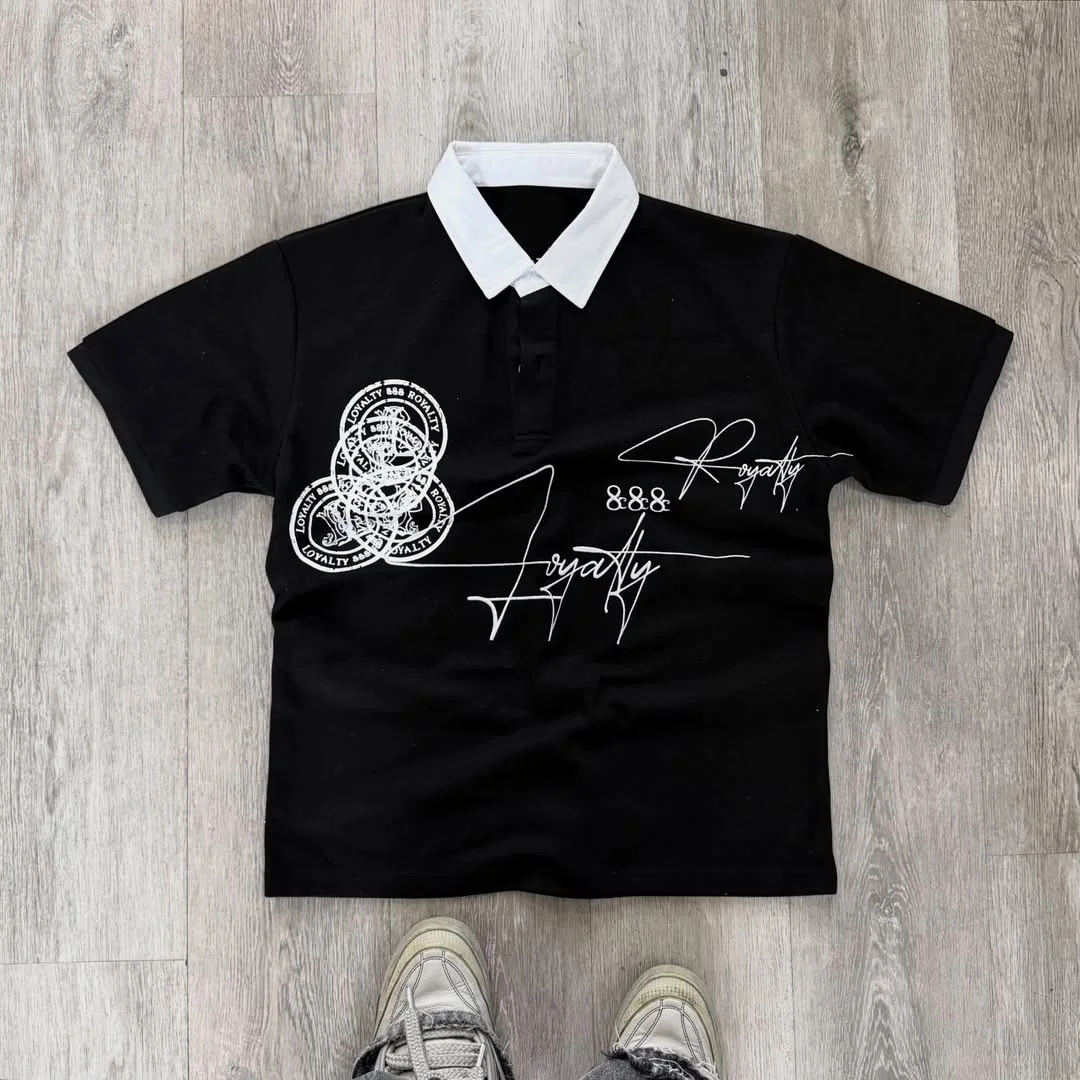 Premium Katoen Amerikaanse Vintage V-hals Poloshirt Kortmou, Raglan Straatklere Bopstuk, Aangepas Swartkristal & Skermgedrukte Ontwerp vir Mans