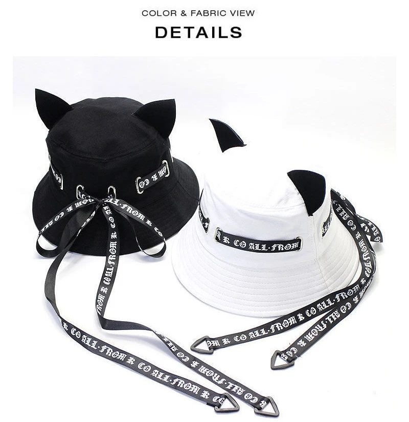 Korean Fashion Alphabet Long Silk Ribbon Sunscreen Bucket Hats with Cat Ears Foldable Cotton Fisherman Cap