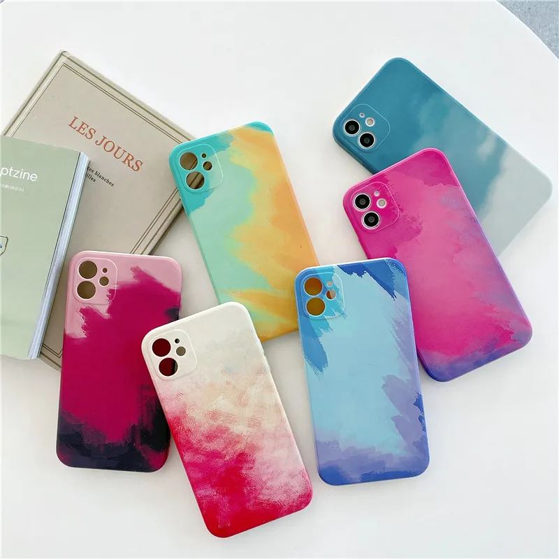 Liquid Silicone TPU Case,Watercolor Blooming Oil Painting Phone Case For iPhone 11 12 13 Pro Max
