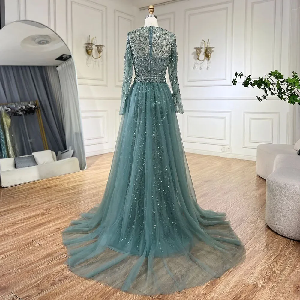 turquoise designer dresses Tea-length Turquoise Glitter Dress with Open Back