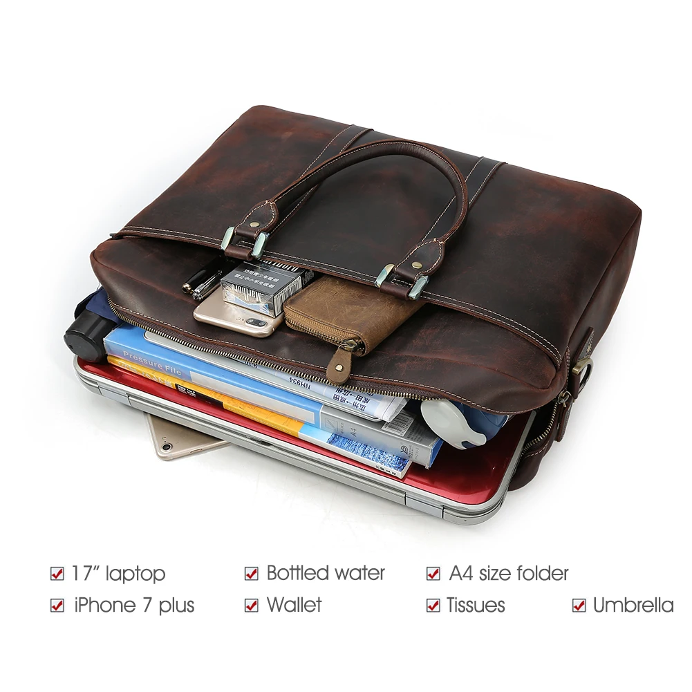 Materials Customization Vintage Crazy Horse Leather Men Briefcase Bag Retro Real Cow Leather 17 Inch Laptop Briefcase
