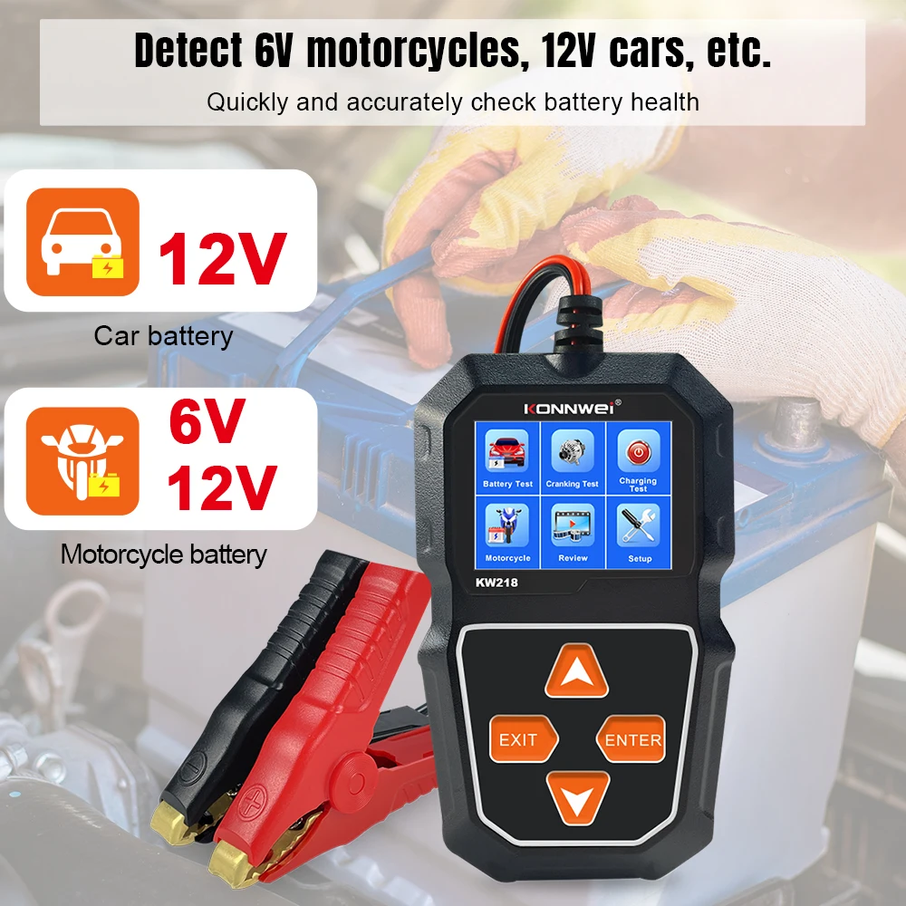 KONNWEI Motorcycle Car Battery Testing Tool KW218 6V 12V Auto Battery Health Diagnostic Tester for AGM GEL Flooded Battery