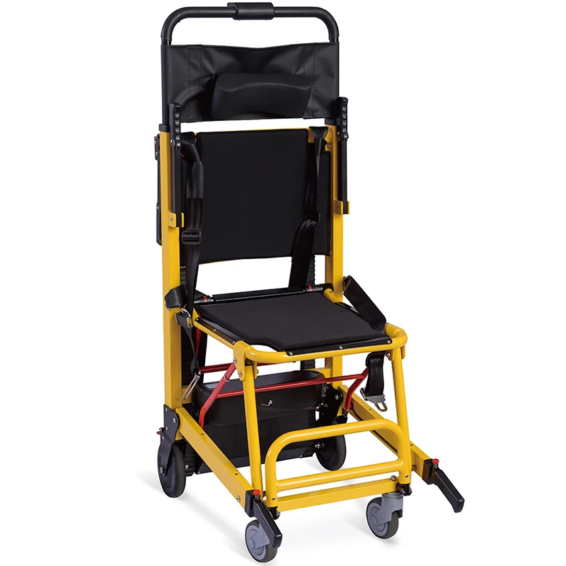 Yellow and black chair with wheels that folds.