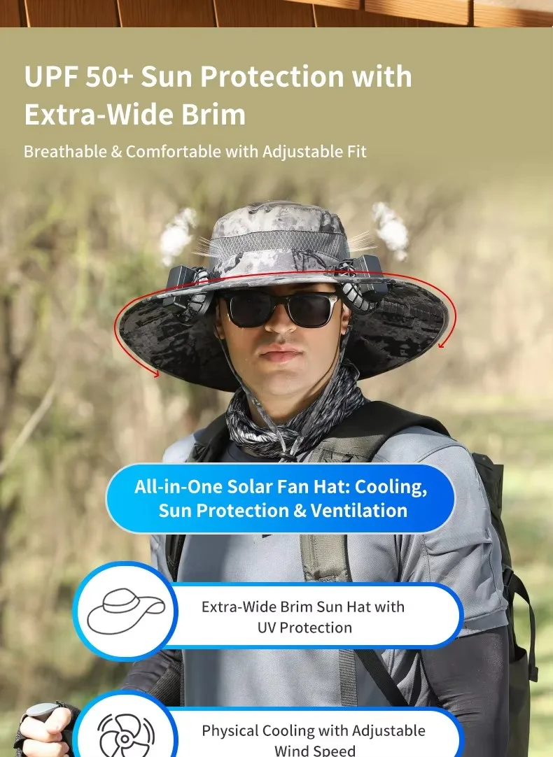 Best Sell Summer Rechargeable Solar Fan Hat Adjustable Wide Brim Fishing Cap with Dual Cooling Fans & UV Protection for Travel