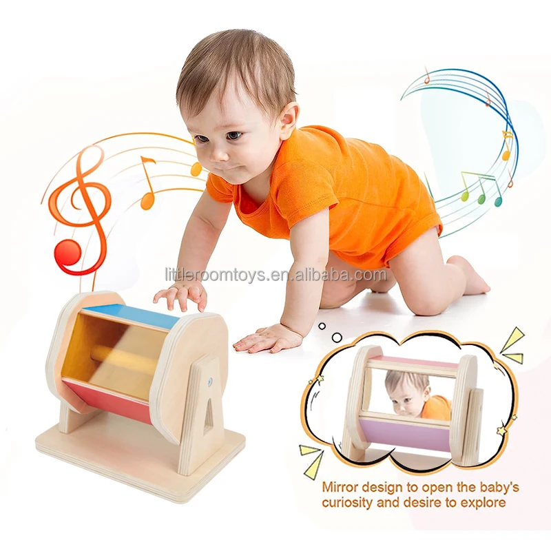 Montessori Spinning Mirror and Acrylic Sheet Musical Early Teaching Aids  Wooden Rainbow Colors Baby Toys Rainbow Drum With Bell