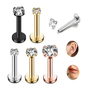 16G Stainless Steel Punk Style Labret Lip Ring with Crystal Rhinestone PVD Coating Flat Back Earring for Women Men