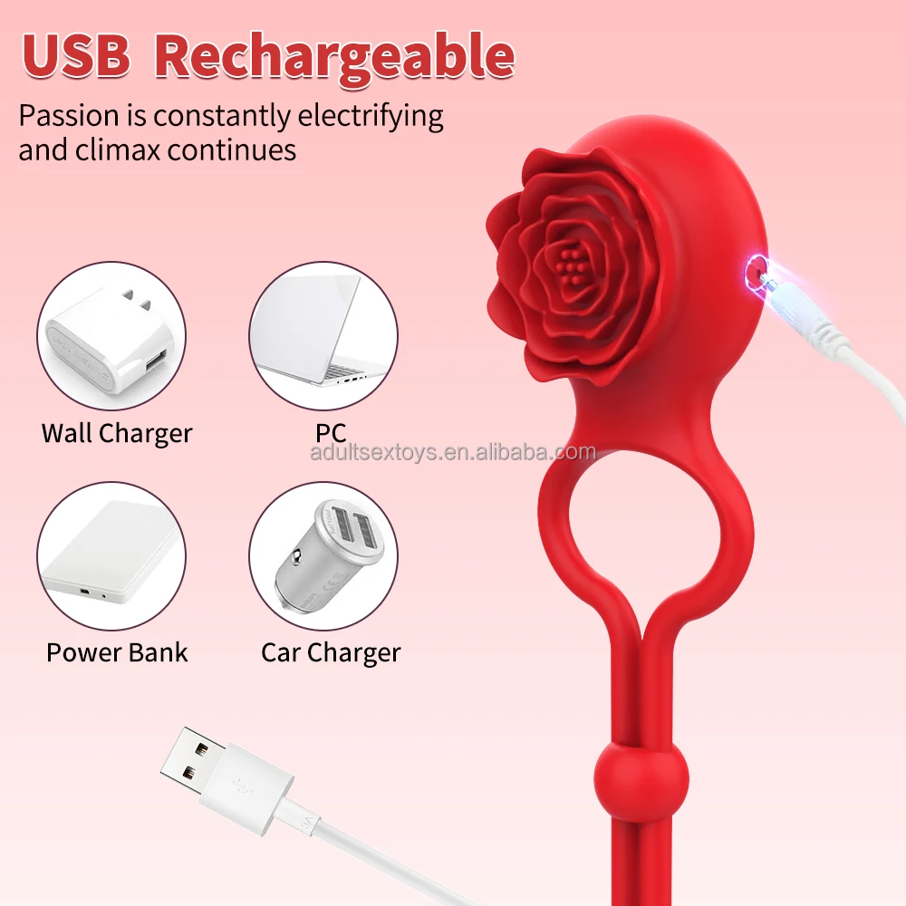 Adjustable Silicone Cock Ring Vibrator with Rose Flower Design Delay Ejaculation Function Adult Toys for Men and Couples Sex