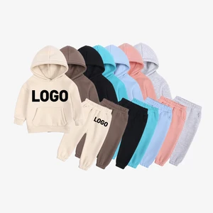 Wholesale Custom Logo Fall Winter Thick Long Sleeve Solid Color Hoodie Warm Sweatsuit Kid Set