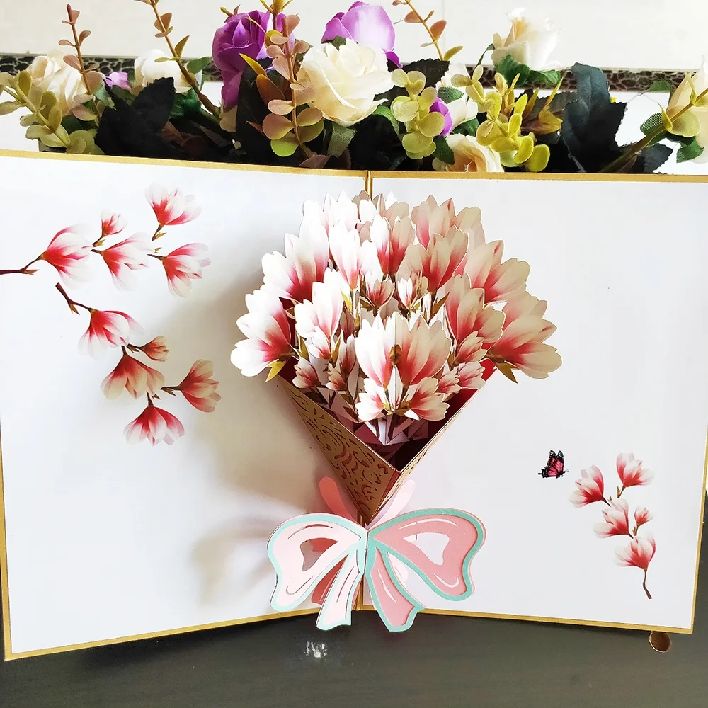 beauty Magnolia 3d flower pop up teacher's day greeting cards paper laser cutting 3d mother's day cards