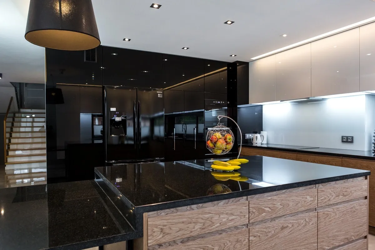 America Cherry Wood Veener High Gloss Matte Black Wood Kitchen Cabinet