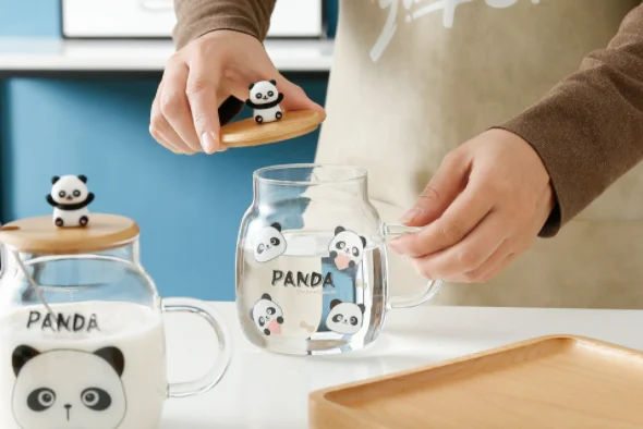 Panda Cup, Cute Glass Panda Teacups, Panda Glass Coffee Cups with Lid