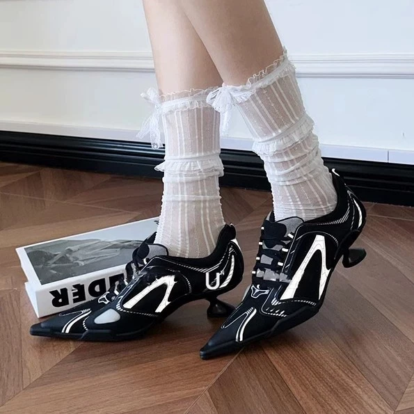 Fashion Pointed Toe Black Sports Style Mesh Breathable Ballet Casual Lace-up Women High Heels Pumps - Image 2