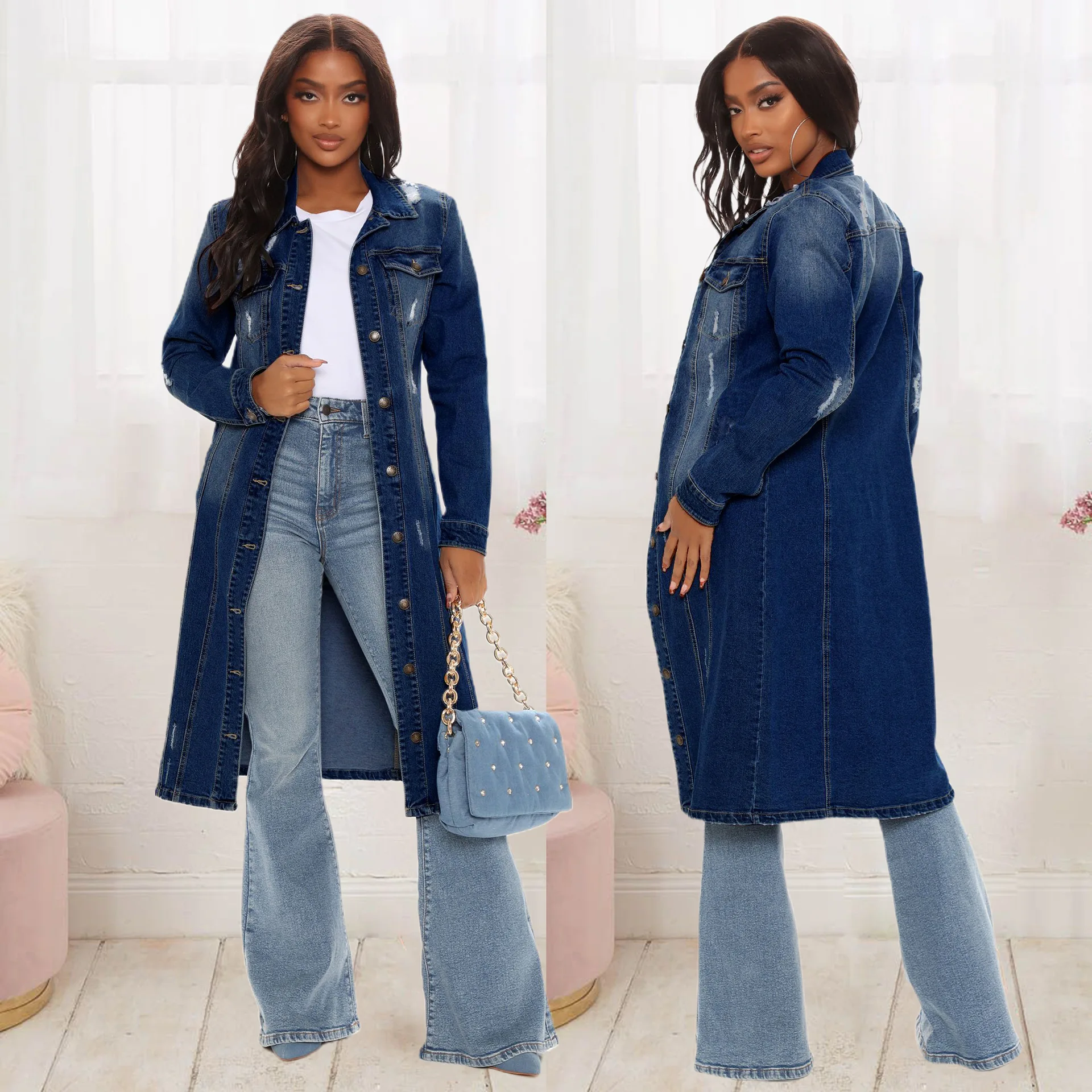 New Women's Loose Casual Cowboy Trench Coat Denim Jacket Autumn