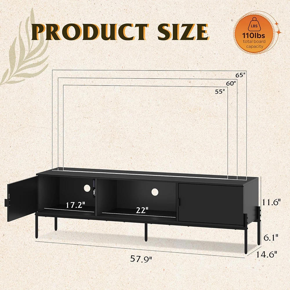 product nu deco farmhouse 65 inch tv stand with 2 storage cabinets open shelf wooden material metal legs black for living room  bedroom-4