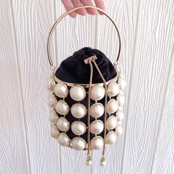 Hollow Out Beading Alloy Metallic Handbag Female Fashion Dinner Party Totes Pearl Basket Evening Clutch Bag Women