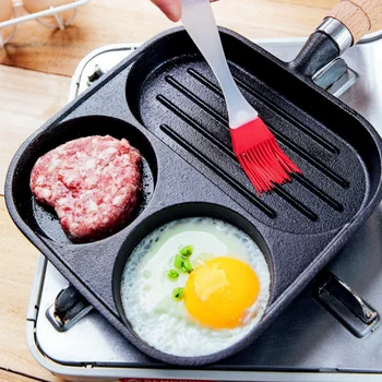 3-in-1 Multifunction Cast Iron Uncoated Non-stick Frying Pan for Breakfast Omelette & Steak Sausage Induction Cooker Gas Stove