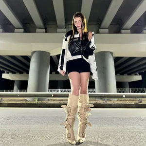 BUSY GIRL MY9503 Women Boots Stiletto Heel Pointed Toe Buckle Rivet Over the Knee Long Belt Buckle Sexy Large Size Women's Boots