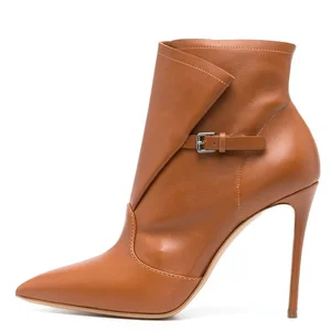 Stylish Microfiber Black Booties With Buckle Pointed Toe Tan Stiletto Ankle Heels Boots for Ladies Brown