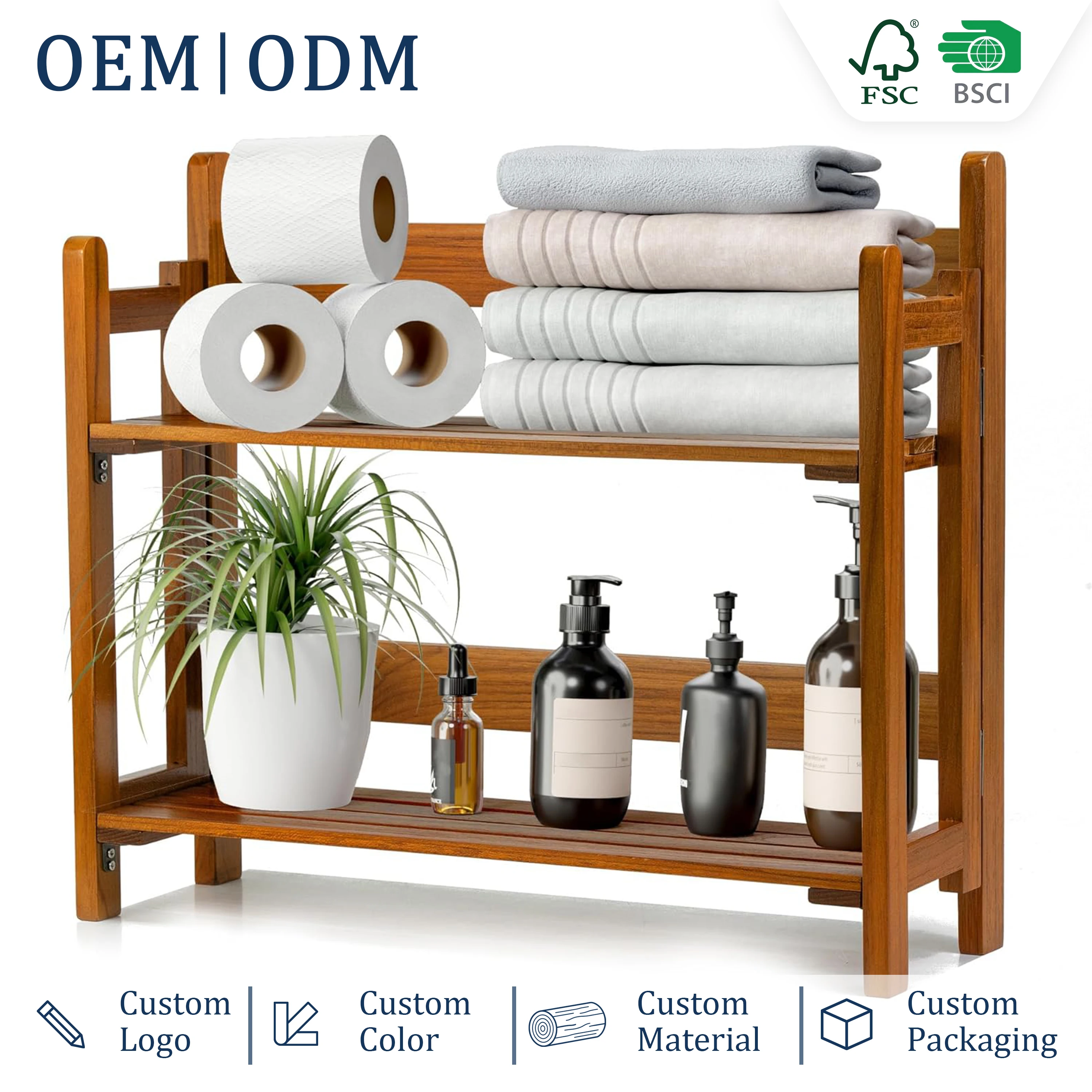 Acacia Wood Bathroom Shelf 2 Tier Foldable Wall Mounted Over Toilet Storage Waterproof Countertop Space Saving Kitchen Organizer