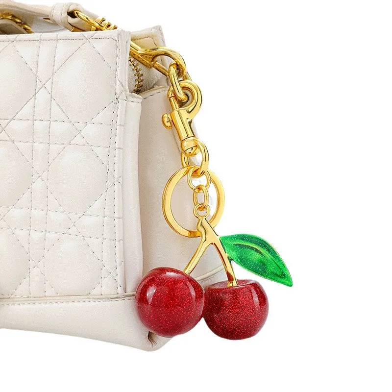 Cute Strawberry Cherry Heart Keychain Fashionable Red Bag Charms Keyring Purse Backpack Car Accessories for Women Girls Gift