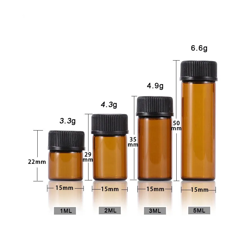 1ml 2ml 3ml 5ml Drams Amber Glass Bottle With Plastic Lid Insert Essential Oil Glass Vials Perfume Sample Test Bottle
