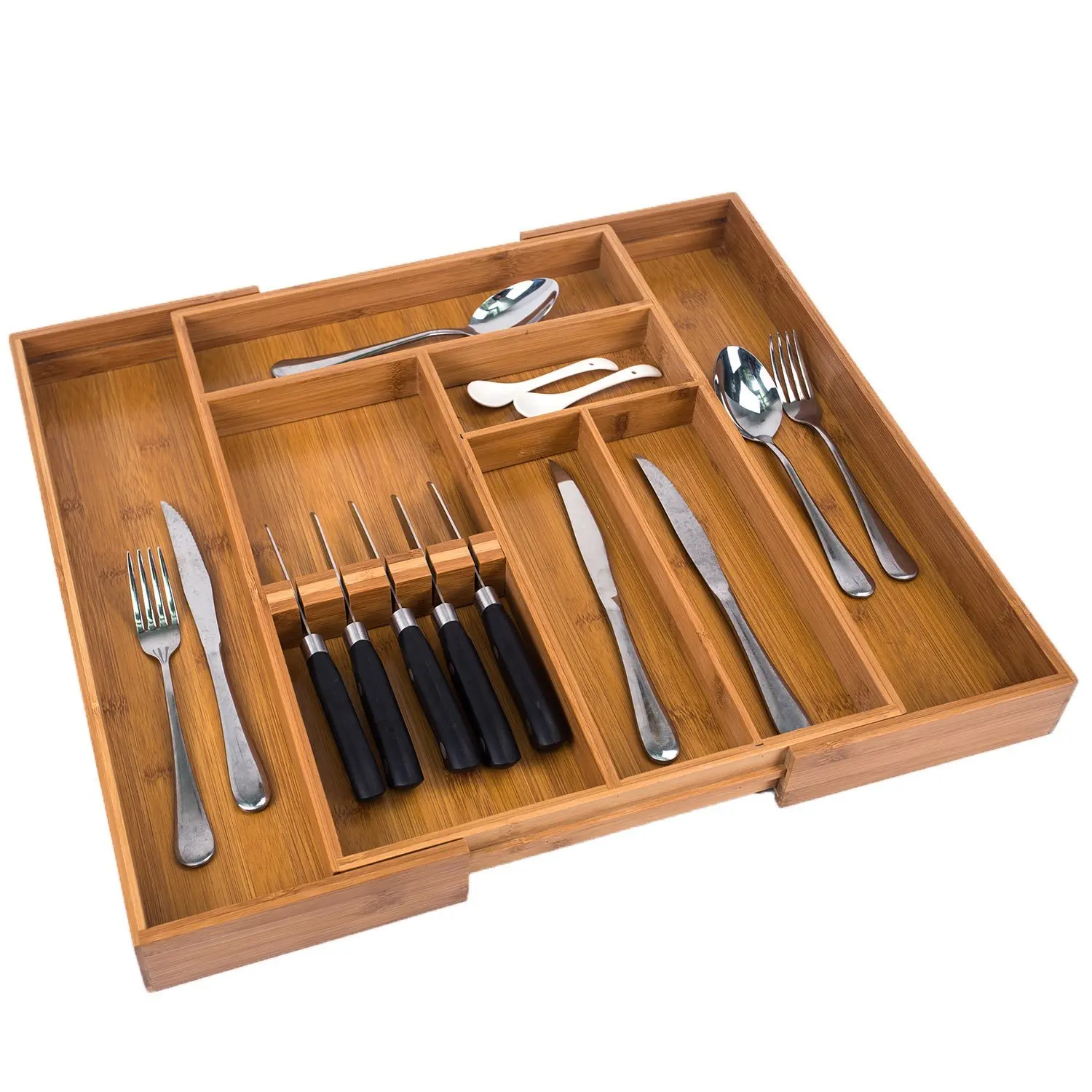 Wholesale Expandable Bamboo Kitchen Drawer Organizer Cutlery Tray with Removable Knife Block
