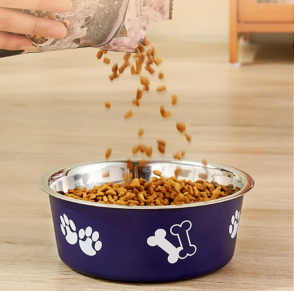 Pet Paw Bone Printing Anti-drop Stainless Steel Bowl Feeders Anti-slip Rounded Cat Dog Bowl Pet Feeding Products details