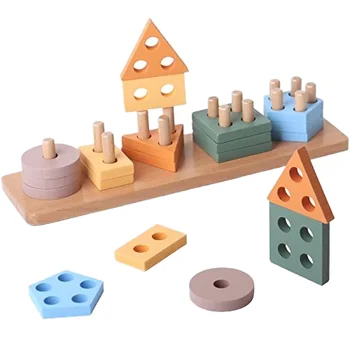 Children's wooden educational toys expand their thinking in preschool education. Five groups of geometric shapes are combined an