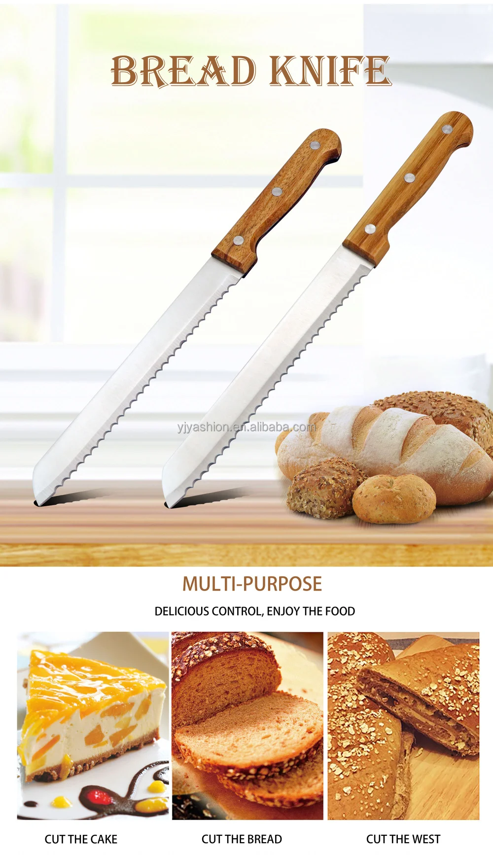 8'' Stainless Steel Bread Jagged Knife With Acacia Wood Bamboo Handle